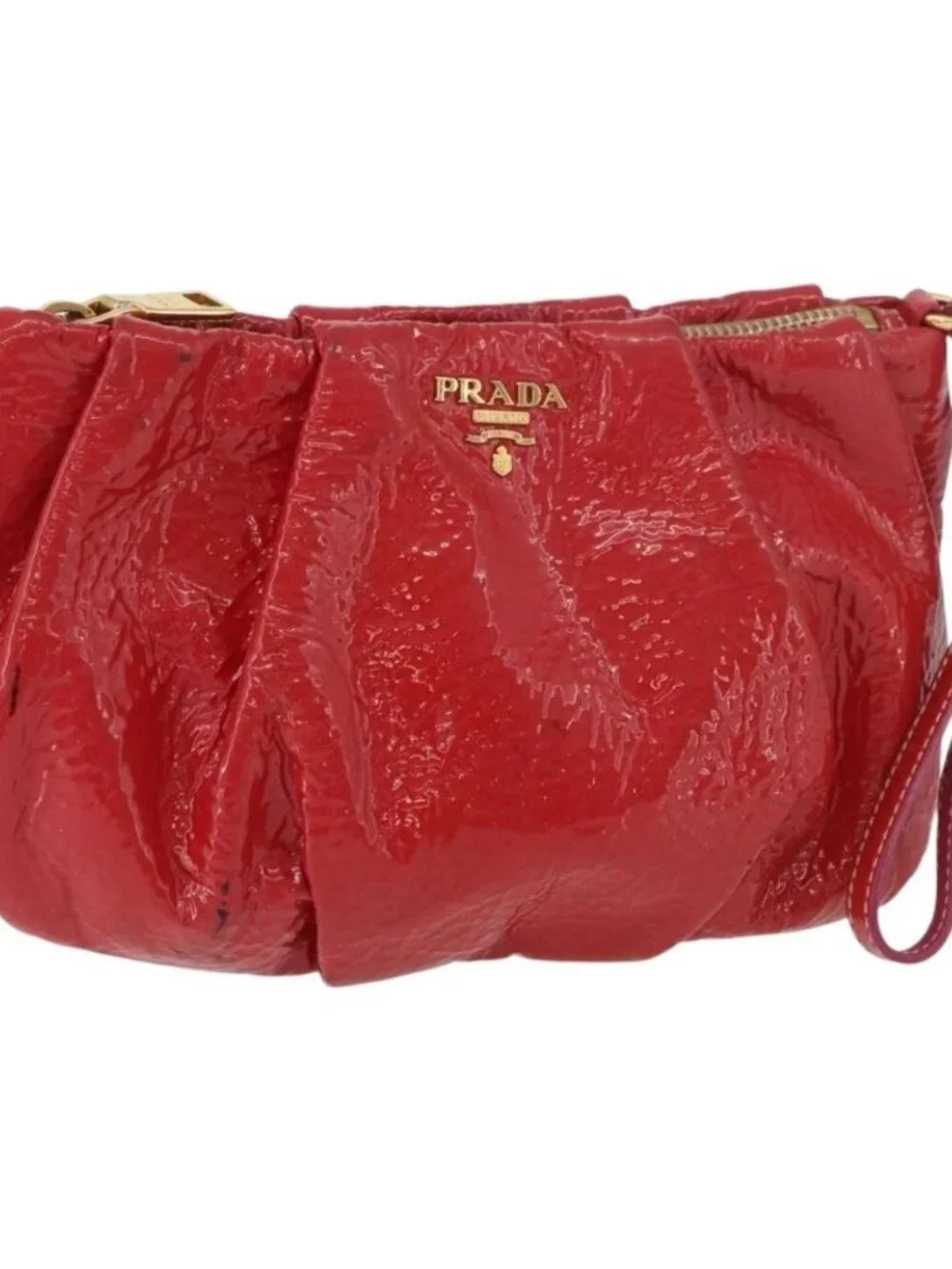 PRADA Pouch Patent leather Red Gold Auth